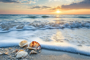 Obraz premium Serene Sunrise Seascape with Shells on the Shore