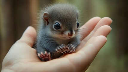 Tiny baby squirrel resting in hand, forest backdrop