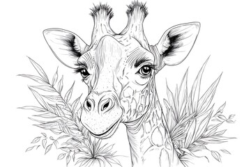 Giraffe portrait with tropical leaves.