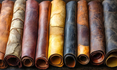 Assorted leather hides in various textures and colors create a tactile display