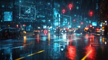 Obraz premium Rainy night city street with digital overlay. Possible use for technology, urban environment