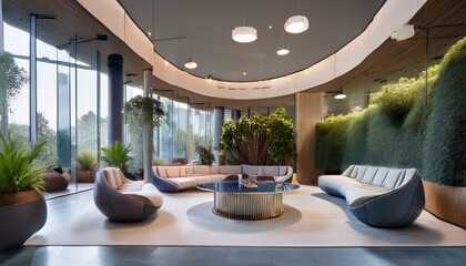 A flexible conference space with a mix of modular seating and standing workstations. The lay