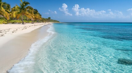 Obraz premium Tropical beach Palms line sandy shore. Crystal ocean meets blue skies background