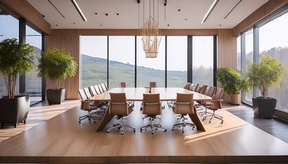 Fototapeta premium A modern conference room featuring a long, matte-finish wooden table surrounded by sleek erg 