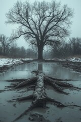 Dramatic view of bare tree and exposed roots in wet muddy area during foggy winter day