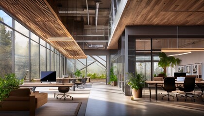 A modern office with an industrial touch, featuring high ceilings, exposed beams, and floor-