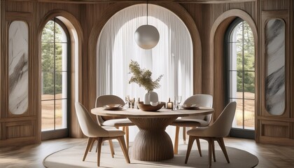  A refined dining space with a round stone-topped table and plush upholstered chairs, with an