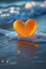 Fototapeta premium Heart-shaped amber stone resting on ocean waves during sunset creates a romantic atmosphere and tranquil setting