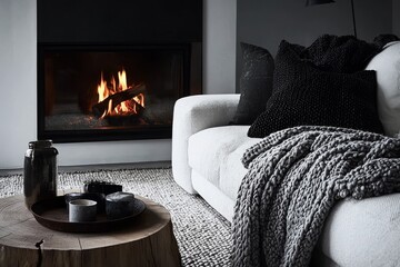 The Scandinavian design of the home's interior is showcased in the modern living room, where a white corner sofa is placed near the fireplace