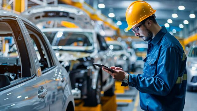 An automotive engineer uses a modern tablet to monitor production processes in a cuttingedge plant, showcasing the integration of advanced technology with traditional engineering