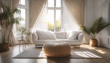  Aesthetic interior setup with a woven pouf and a plush white sofa, positioned near a large w