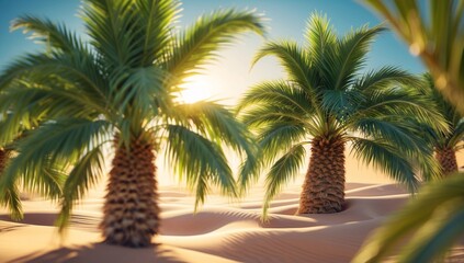Fototapeta premium Lush green palm trees swaying gently in a sunlit desert scene, creating a tranquil, tropical atmosphere.