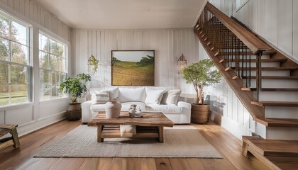  Cozy Farmhouse Living Room with Wooden Staircase – A spacious modern farmhouse living room f 