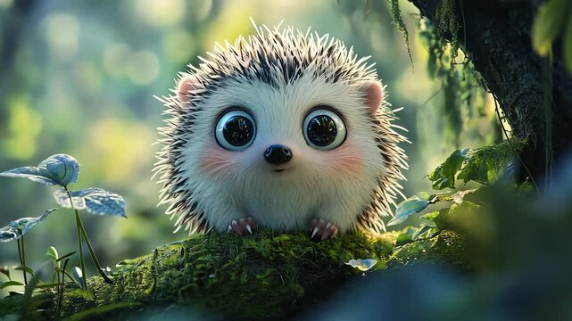 , , , , , hedgehog, , , hedgehog, cute, cute, cute, cute,. Blurry background for a cartoon of a hedgehog. A forest with green light glares. A hedgehog is adorable, adorable, adorable, lifestyle.