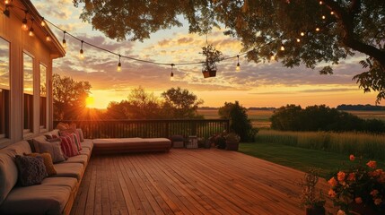 Backyard deck with cushioned bench seating, hanging string lights, and golden sky at sunset