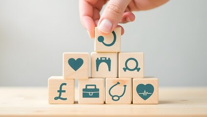 Financial Security and Medical Coverage Concept with Wooden Blocks Icons