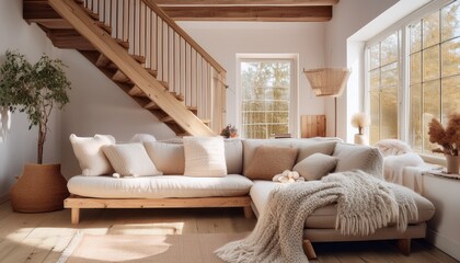  Rustic Wooden Stairs in a Bright Living Room – A farmhouse-style living room with light oak