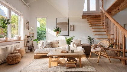 Shiplap Walls & Rustic Wooden Stairs in a Farmhouse Living Room – A charming farmhouse livin
