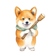 watercolors Cute cool shiba inu dog holding baseball