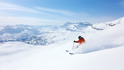 Skier carving powder for alpine mountains.