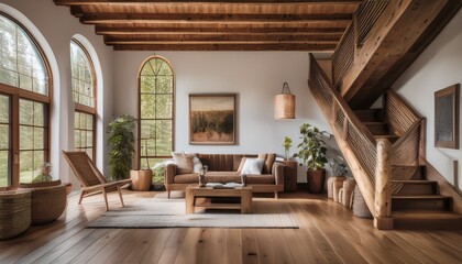 Spacious Farmhouse Living Room with Grand Wooden Stairs – A luxurious modern farmhouse livin
