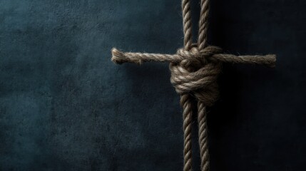 Close-up of a tied rope knot on a dark surface.  The knot is  strong and well-made, and the rope is natural color