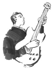 Hand-drawn jazz guitar player – black ink illustration of musician playing guitar on transparent background