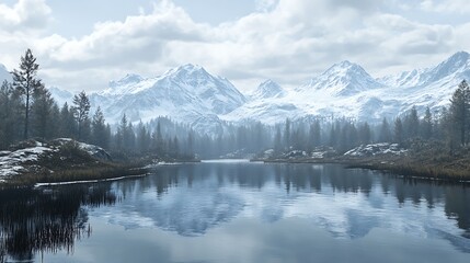 Serene winter landscape snow-capped mountains reflected in a calm lake, surrounded by tranquil evergreen forest.