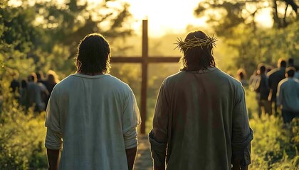 Obraz premium Jesus with disciple, cross, and sunset.