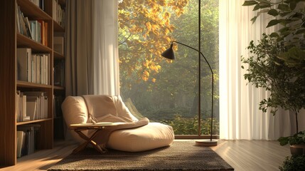 Warm and inviting reading nook with a floor lamp and natural light pouring through a nearby window