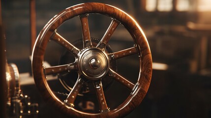 Obraz premium A close up view of a detailed wooden steering wheel