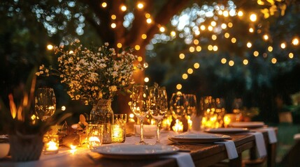 Obraz premium Evening garden party setup with glowing string lights and soft twilight illuminating the table