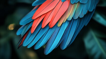 Fototapeta premium Vibrant Macaw Tail Feathers Close-up, Tropical Foliage