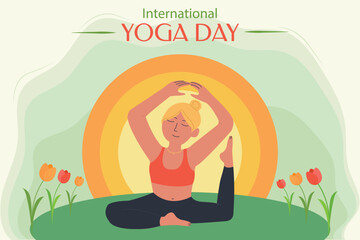 international yoga day, girl doing yoga on grass, sun and flowers in the background