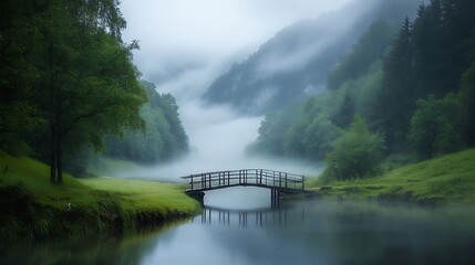 Misty mountain landscape with a wooden bridge over calm water.