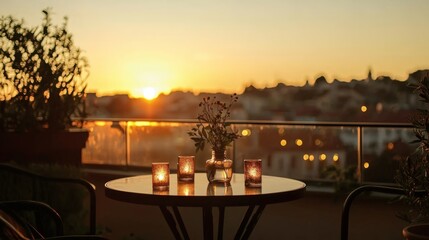 Balcony bistro table setup with tea lights and natural sunset view over city rooftops