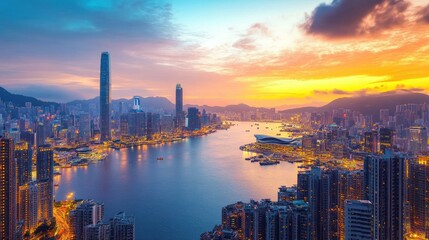 Fototapeta premium Hong Kong Skyline Sunrise Cityscape Aerial View