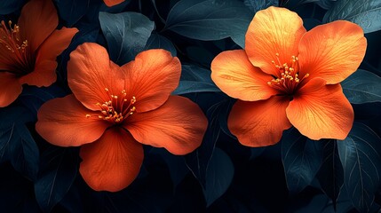 Vibrant orange flowers amongst dark foliage