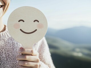 Show a smiling face with a speech bubble filled with positive affirmations, emphasizing customer satisfaction in a clean design.