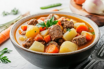 Hearty Homemade Beef Stew with with vegetables &ndash; Cozy Comfort Food on a Dark Rustic Background