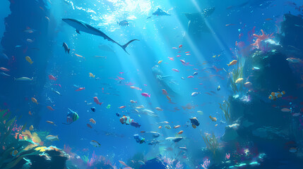 Fototapeta premium Underwater scene showcasing vibrant marine life, including various colorful fish and coral reefs, illuminated by sunlight filtering through the water