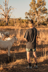 Teenage boy interacting with goats in paddock
