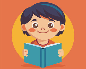 Cute Cartoon Child Reading a Book. Illustration