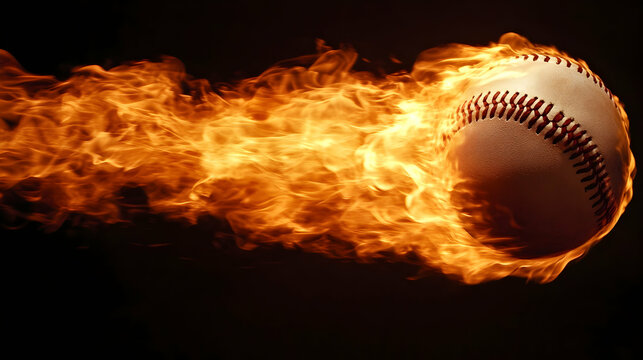 Fiery baseball in flight, dark background, sport action