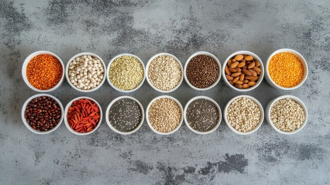 Superfoods and cereals selection in bowls: quinoa, chia, goji berry, mung bean, buckwheat, bean, turmeric, polba, bulgur, lentil, sesame, flax seed, wild rice, almond on grey concrete background