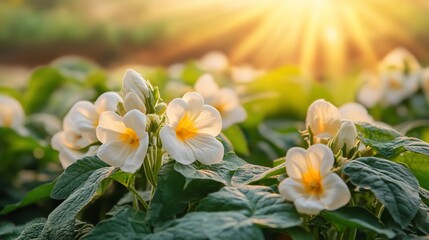 Fototapeta premium White blossoms blooming under sunlight in the garden, with blurred background