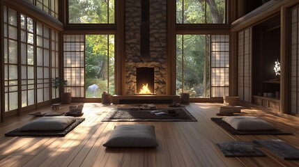 Serene sunlit minimalist zen room with fireplace, cushions, and large windows overlooking tranquil garden.