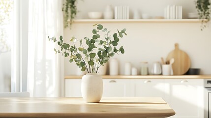 Light-filled kitchen with eucalyptus vase