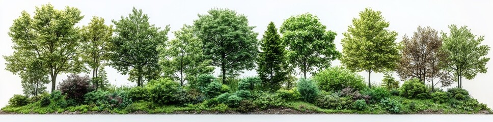 A collection of vibrant green trees set against a transparent backdrop in high resolution