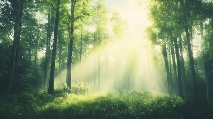 Obraz premium Sunbeams illuminate a misty green forest with tall trees and lush undergrowth.